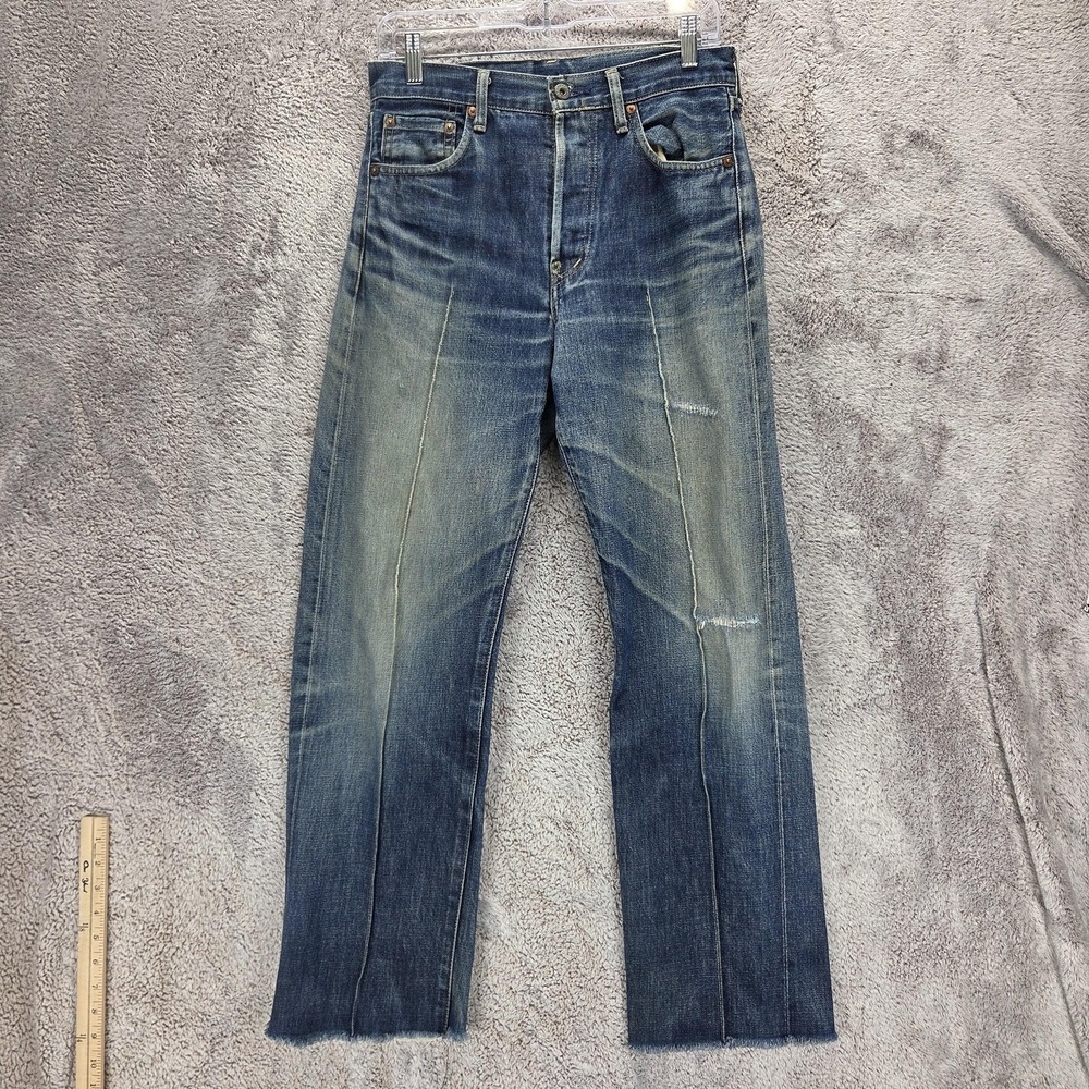 VTG Levis Jeans Mens Blue Selvedge LVC Buckle Back Whiskers Raw Hem Fits 28x30